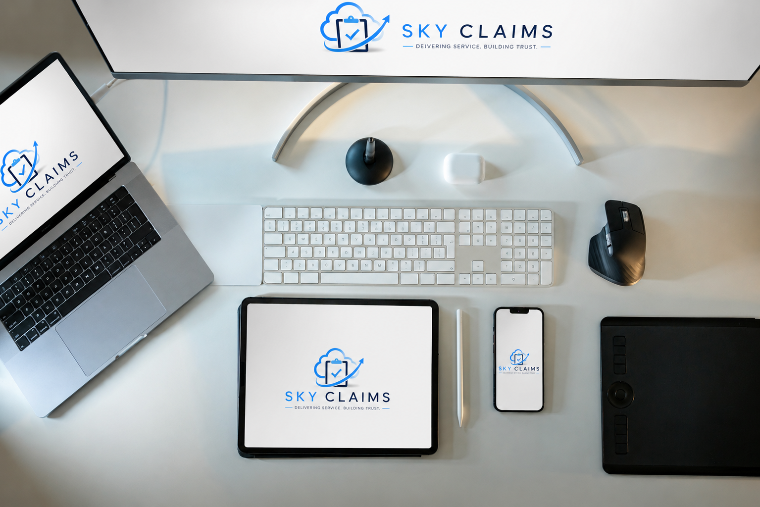 Sky Claims branding shown across a laptop, monitor, tablet, and phone on a clean white desk
